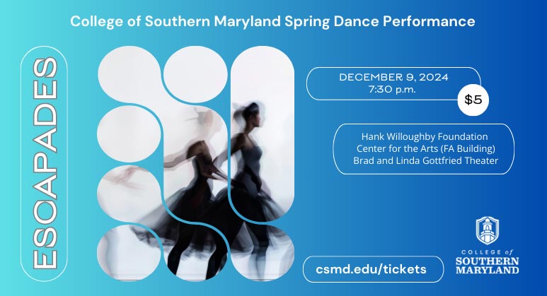 Promotional graphic for the College of Southern Maryland's Spring Dance Performance, featuring blurred dancers in motion and event details.