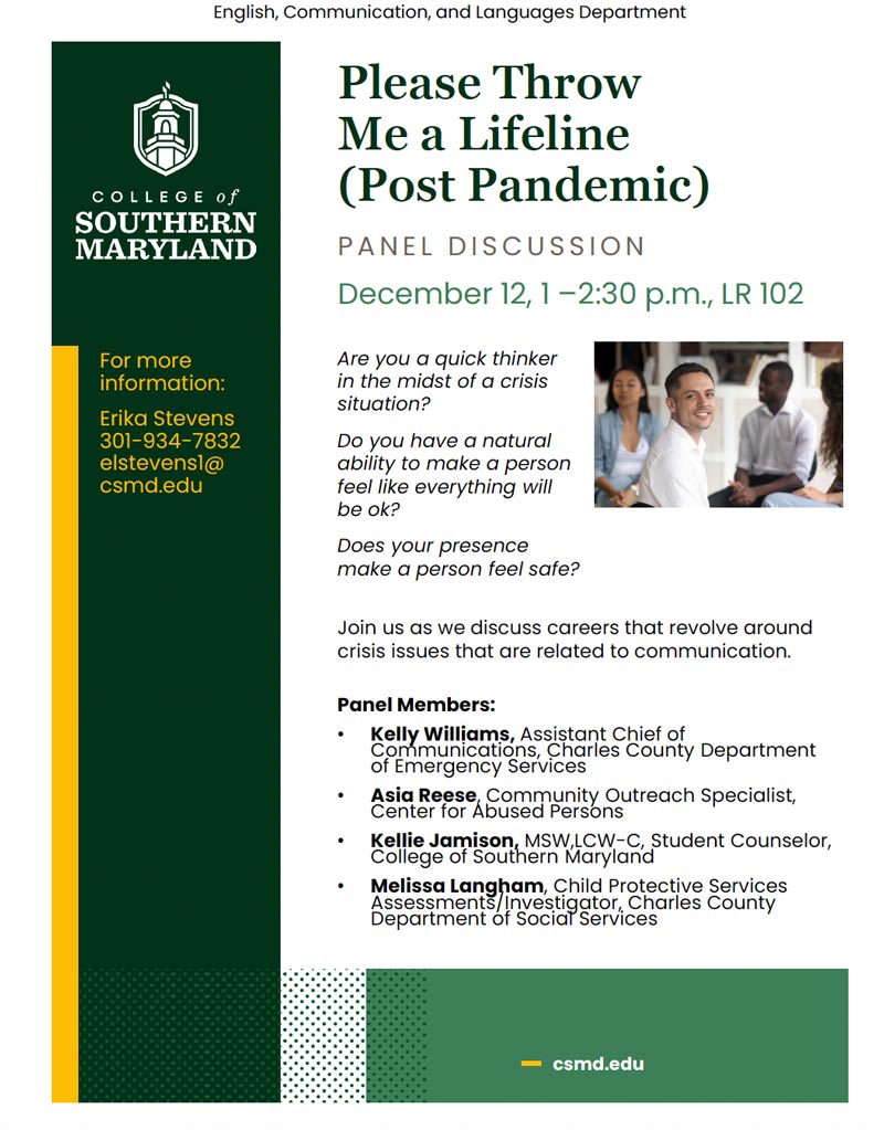 Graphic promotional poster for a panel discussion titled "Please Throw Me a Lifeline (Post Pandemic)" featuring details about the event, including date, time, location, and a list of panelists with their titles and affiliations.