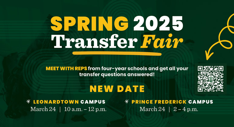 Banner for the Spring 2025 Transfer Fair, featuring event details and dates for the Leonardtown and Prince Frederick campuses.