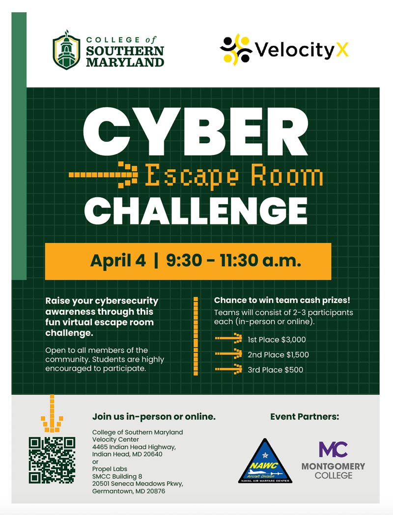 Promotional flyer for the Cyber Escape Room Challenge hosted by the College of Southern Maryland and VelocityX, highlighting event details and cash prizes.