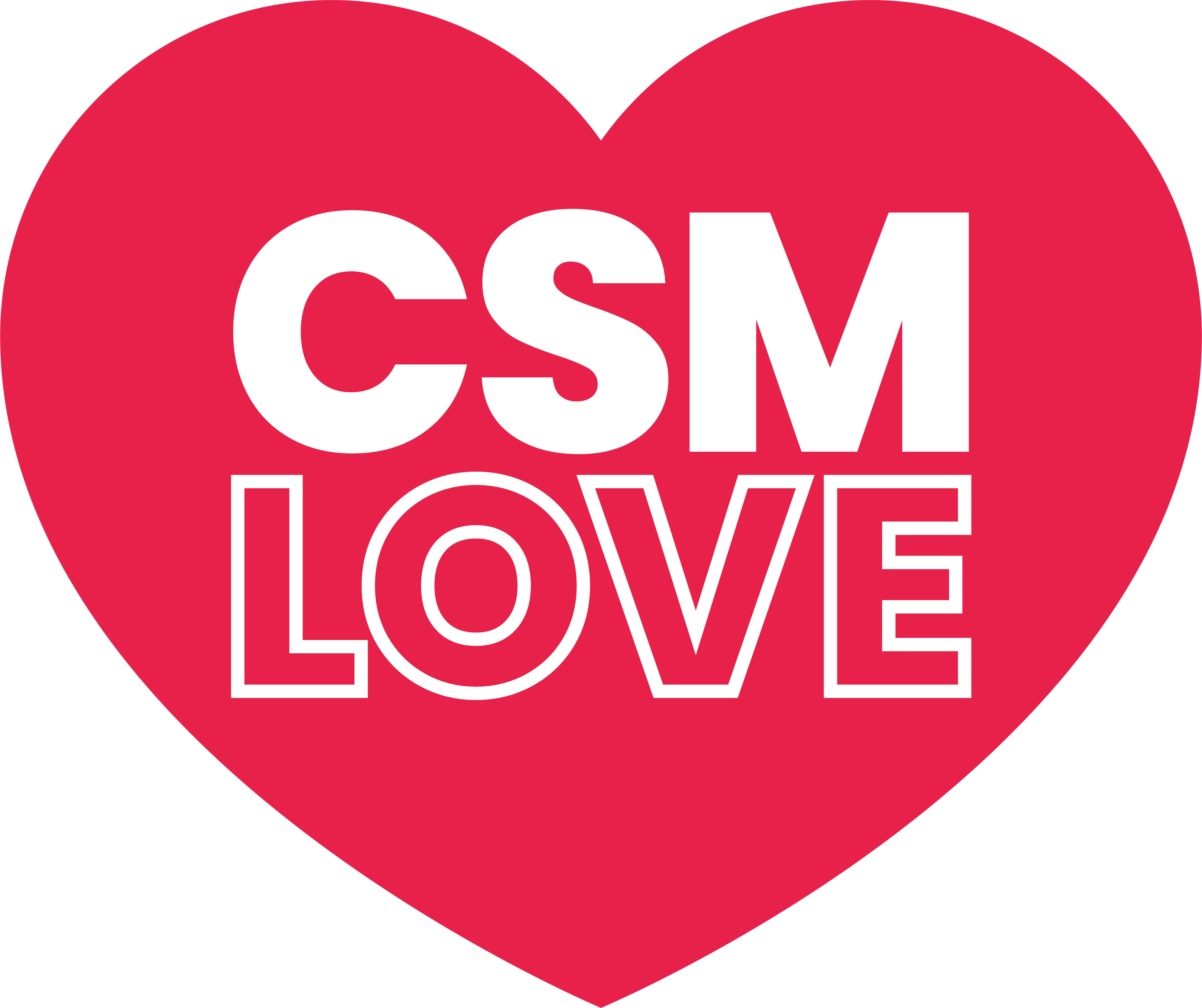 CSM Love logo featuring the text "CSM" in bold white letters above the word "LOVE" within a large heart shape.