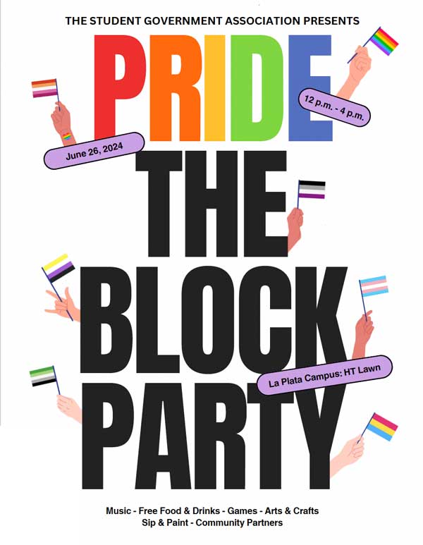 Rainbow text reading Pride Block Party