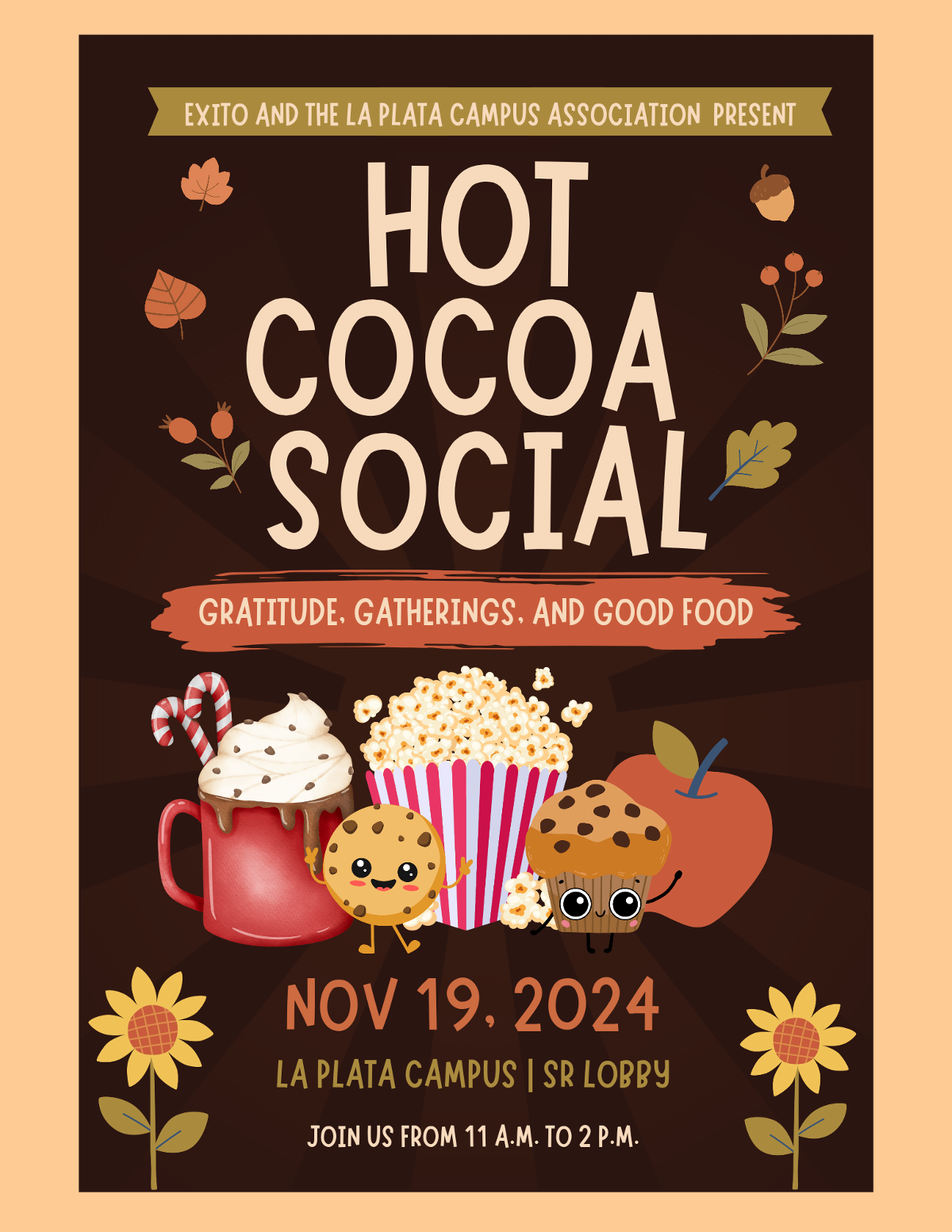 A cheerful event poster for a Hot Cocoa Social featuring fun illustrations of cocoa, cookies, popcorn, and autumn leaves. The event details are highlighted, including the date and location.