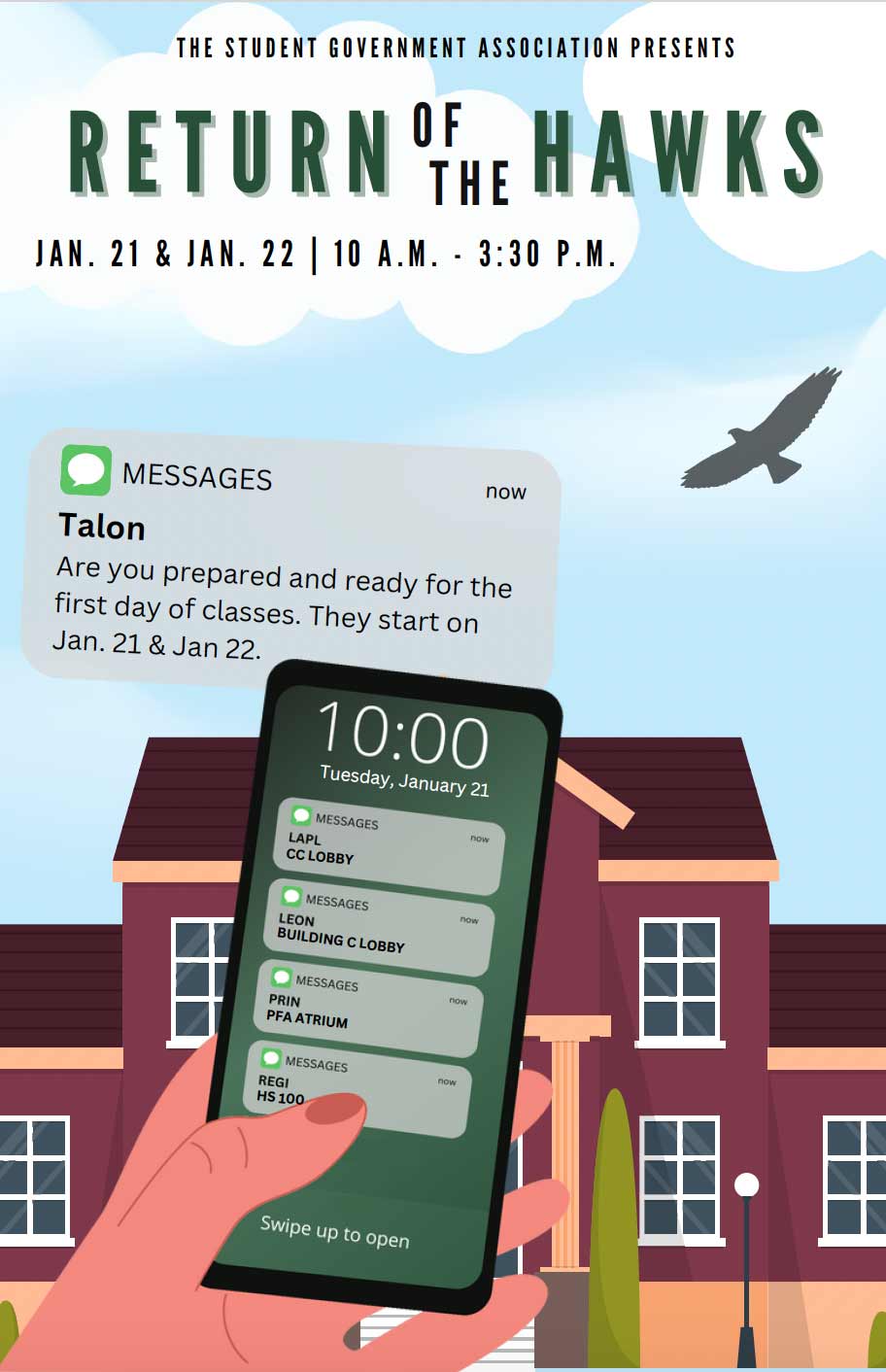 Illustration promoting the "Return of the Hawks" event with a smartphone displaying text messages about class schedules, set against a campus building background.