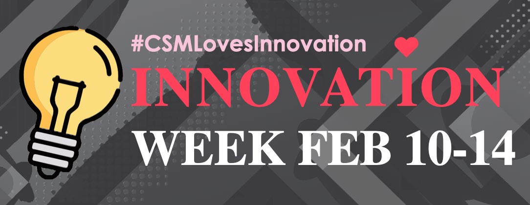 Illustration promoting Innovation Week, featuring a lightbulb icon and event details for February 10-14.