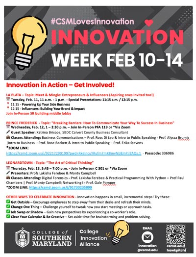 Graphic promoting "Innovation Week" events at the College of Southern Maryland, featuring scheduled activities and participation details.