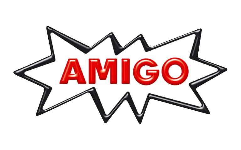 Logo featuring the word "AMIGO" in bold red letters with a starburst background.