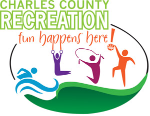 Logo for Charles County Recreation featuring colorful silhouettes of various recreational activities with the tagline "fun happens here!".