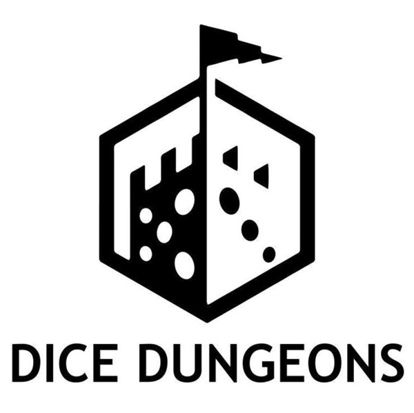 Black and white logo of "Dice Dungeons," featuring a stylized die with a triangular flag on top.