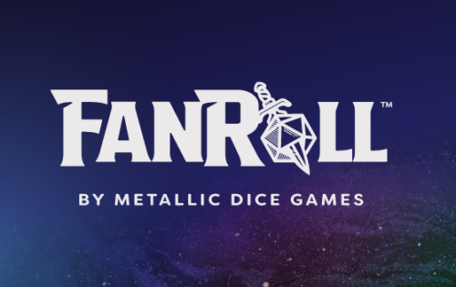 FanRoll logo by Metallic Dice Games featuring a stylized dice and sword design.