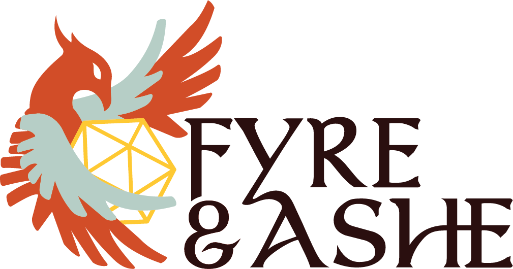 Fyre and Ashe logo with a phoenix and a 12-sided die