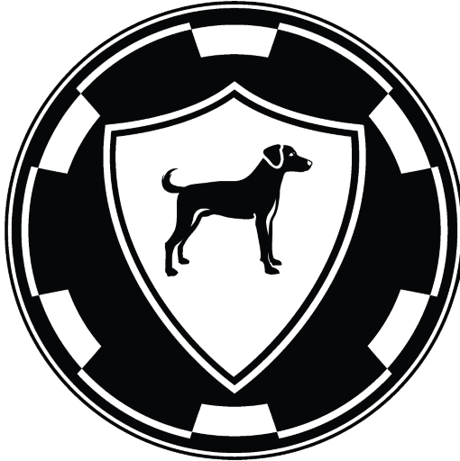 Black and white logo featuring a silhouette of a dog inside a shield surrounded by a circular poker chip design.