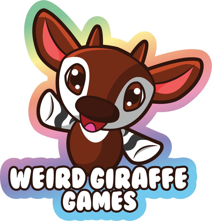 Colorful logo featuring a cheerful cartoon giraffe with exaggerated features, representing Weird Giraffe Games.