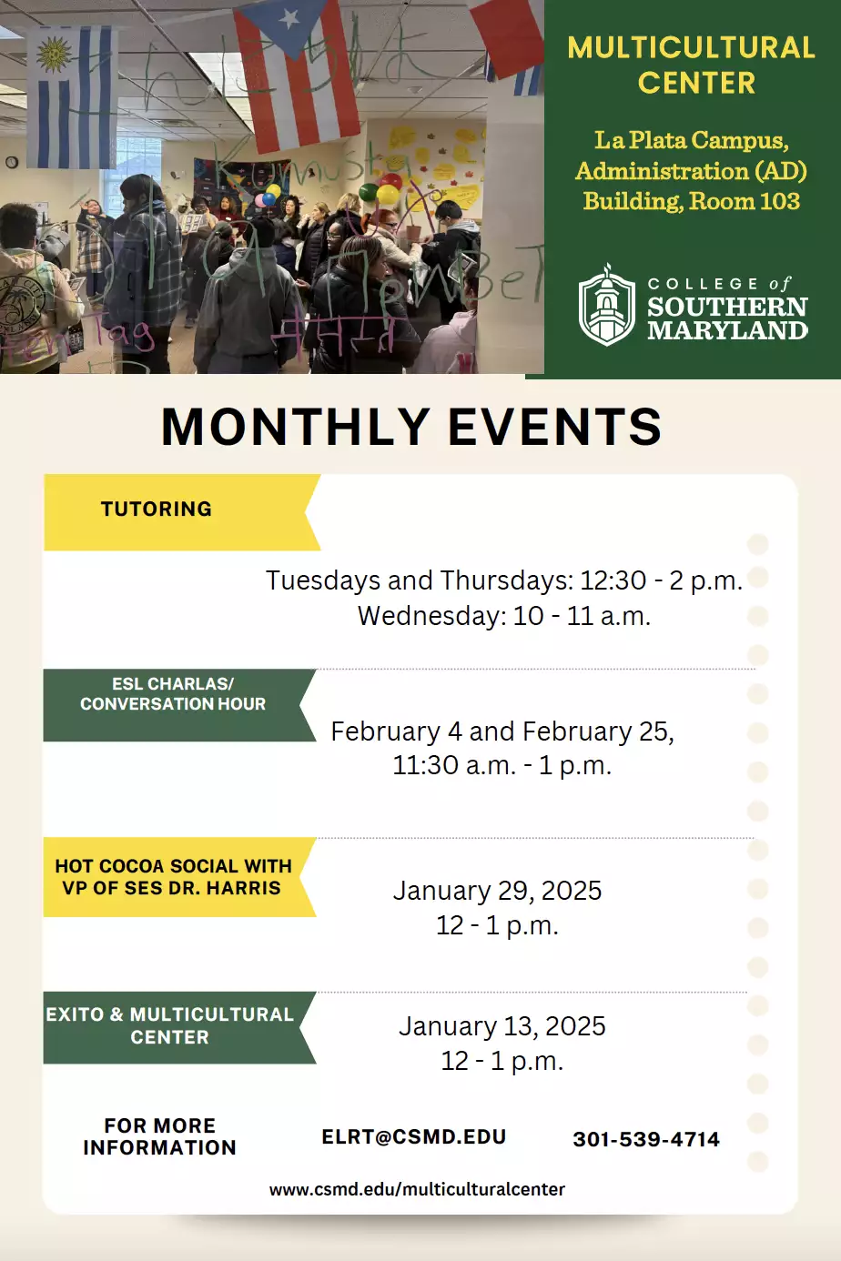 Promotional flyer for monthly events at the Multicultural Center, featuring tutoring sessions, ESL conversation hours, and special events with the VP of SES Dr. Harris.